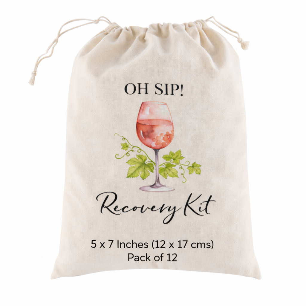 Funny Favor Bags for Wedding, Shower, Bachelorette -Chic Red Hangover Kit bags, Drawstring Bag, (Pack of 12)