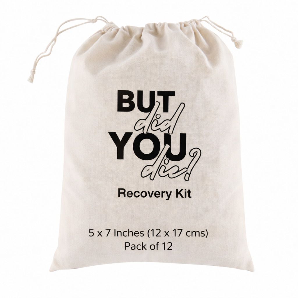 Funny Favor Bags for Wedding, Shower, Bachelorette -But Did You Die? Hangover Kit bags, Drawstring Bag, (Pack of 12)