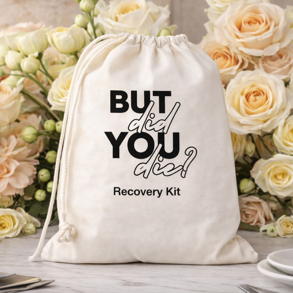 Funny Favor Bags for Wedding, Shower, Bachelorette -But Did You Die? Hangover Kit bags, Drawstring Bag, (Pack of 12)