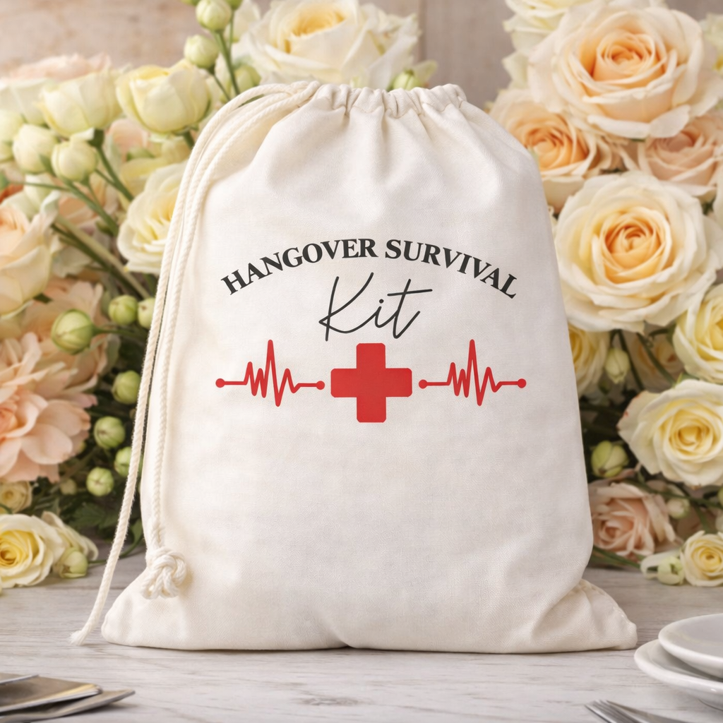 Funny Favor Bags for Wedding, Shower, Bachelorette -Still breathing Hangover Kit bags, Drawstring Bag, (Pack of 12)