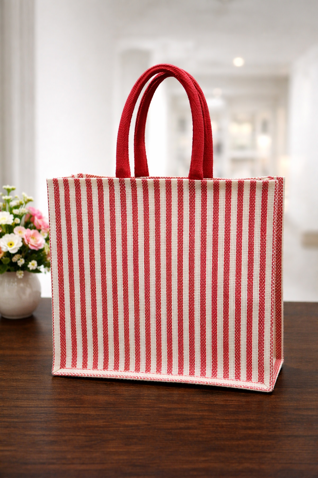 Red & White Striped Premium Jute Bag - “Elevated gifting, naturally.” (Pack of 2)