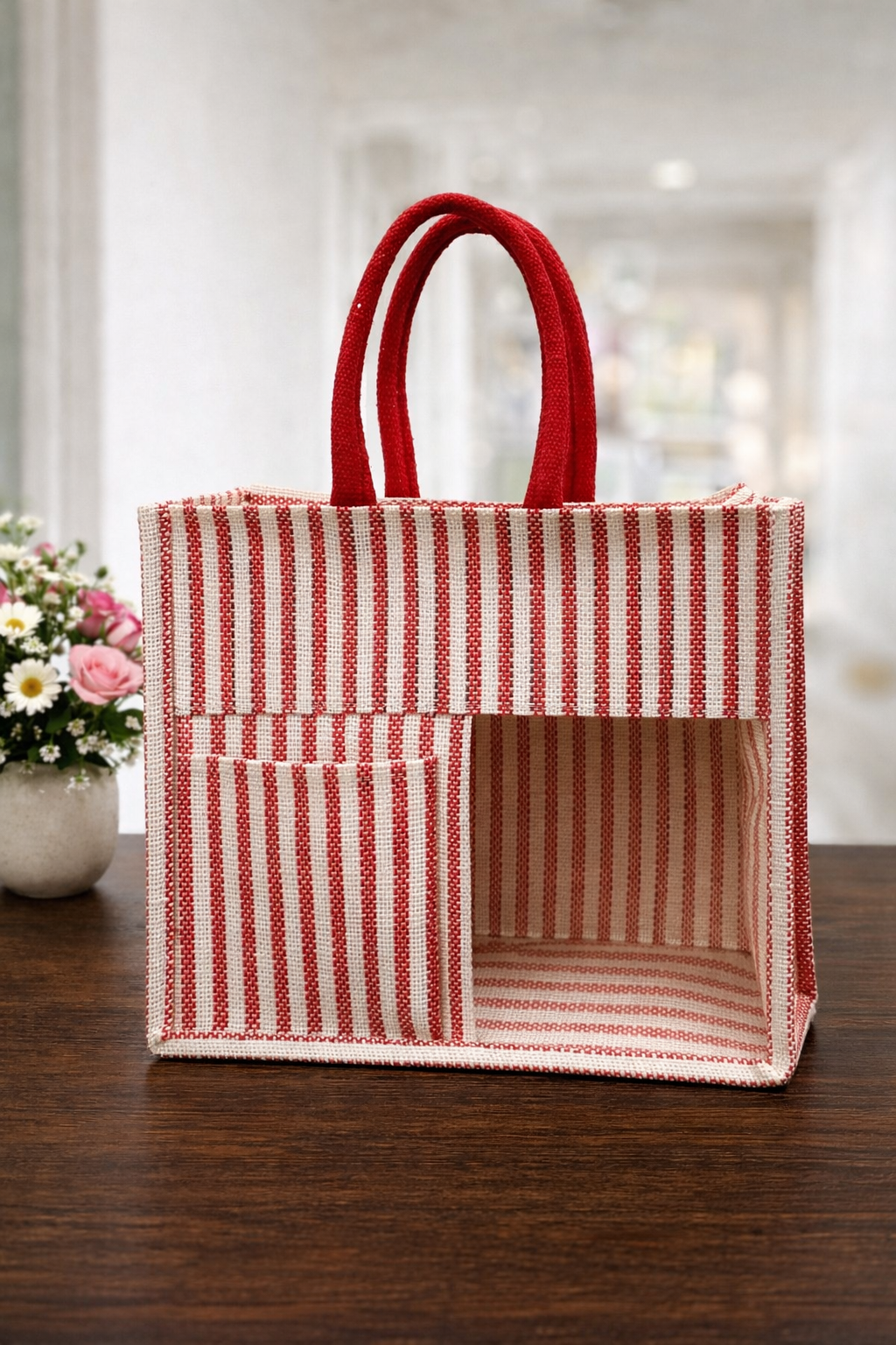 Red & White Striped Premium Jute Bag - “Elevated gifting, naturally.” (Pack of 2)