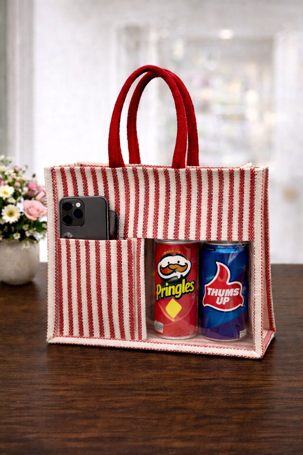 Red & White Striped Premium Jute Bag - “Elevated gifting, naturally.” (Pack of 2)