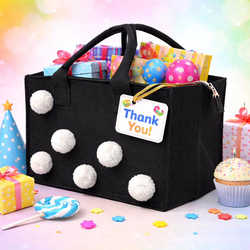Charming Felt Gifting Bag with Pom-Pom Detailing - Black & White (Set of 2)
