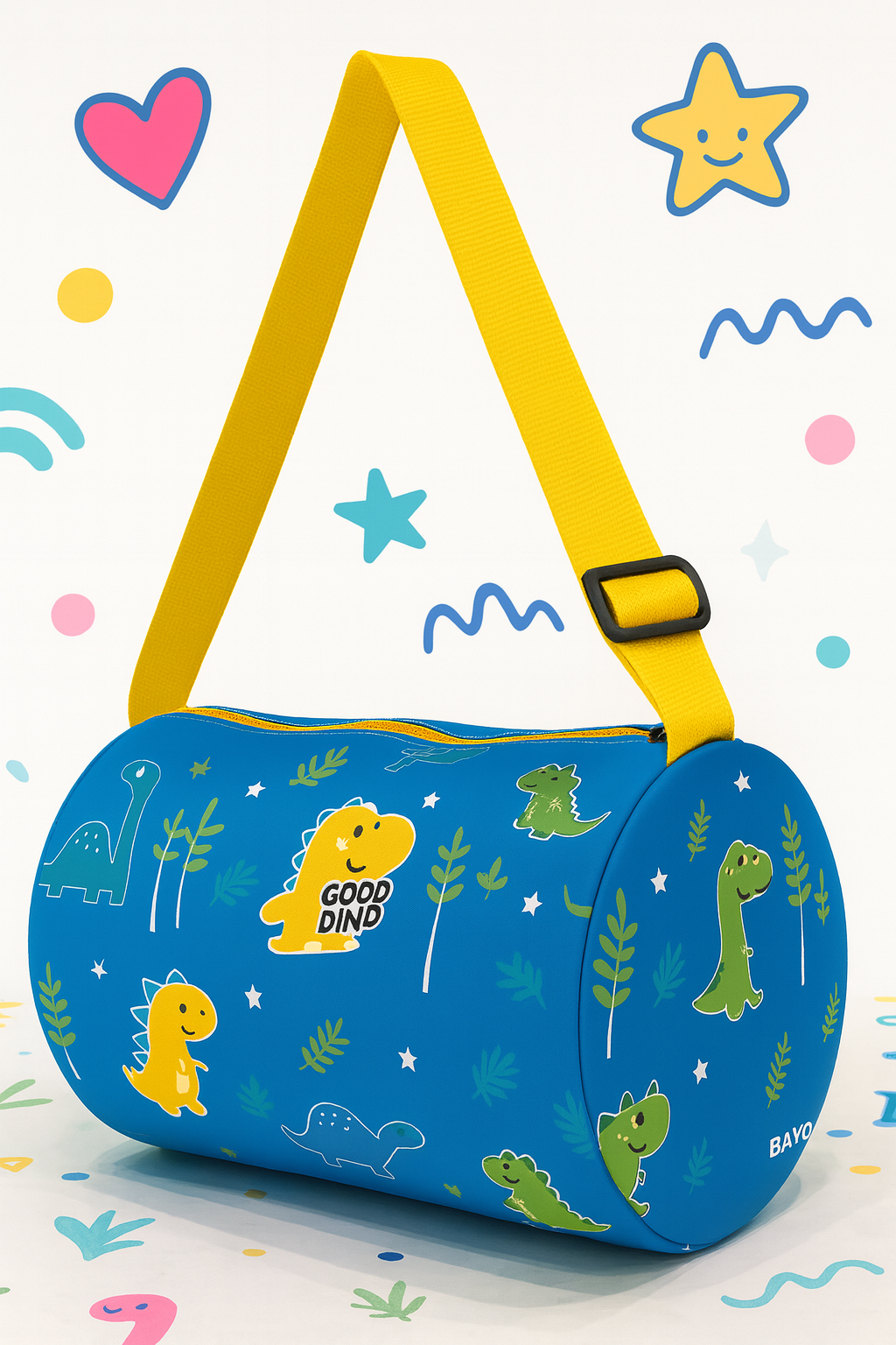 Kids Dinosaur Print Duffle Bag, Turquoise Blue with Yellow Strap