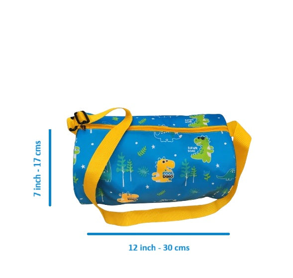Kids Dinosaur Print Duffle Bag, Turquoise Blue with Yellow Strap