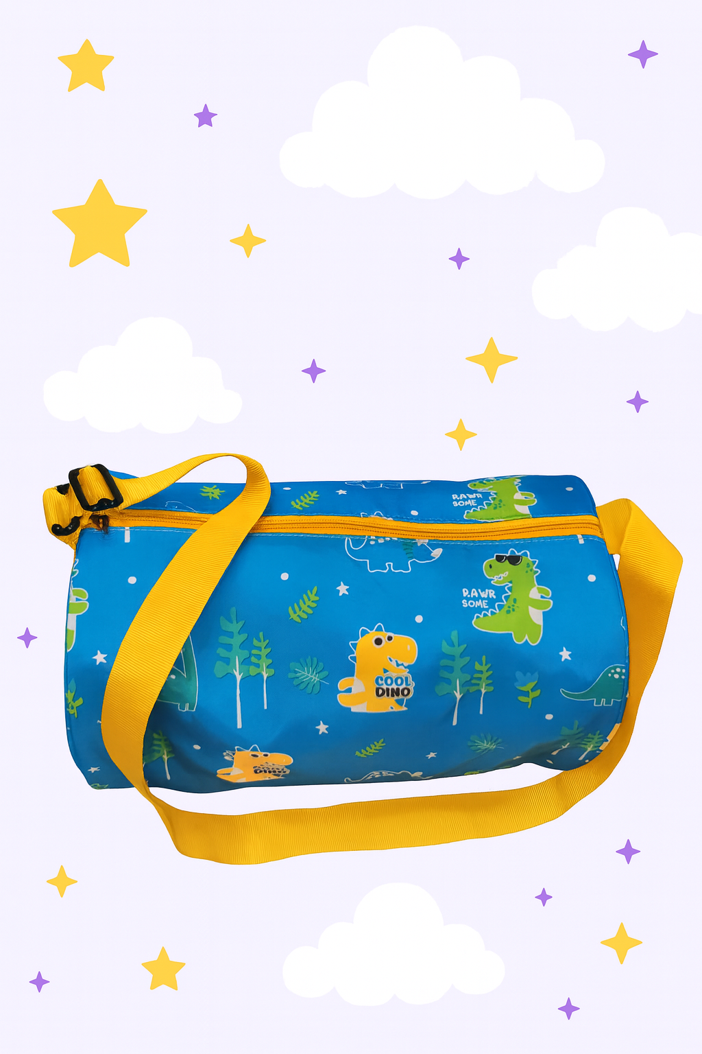 Kids Dinosaur Print Duffle Bag, Turquoise Blue with Yellow Strap
