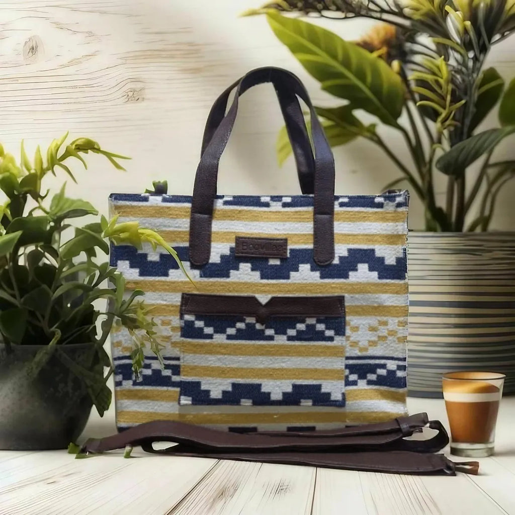 Yellow Stripe Geometric Hand Bag For Women
