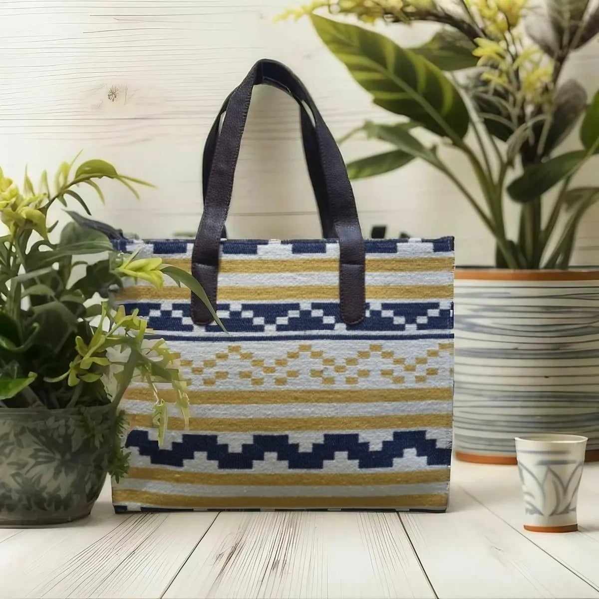 Yellow Stripe Geometric Hand Bag For Women