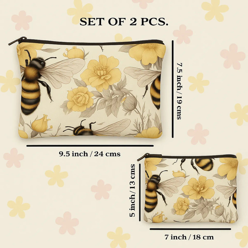 Floral Bee Pattern Cosmetic Pouch Set, 2 Pieces, Yellow and Cream Makeup Bags with Zipper Closure, 24 cm x 13 cm and 18 cm x 19 cm