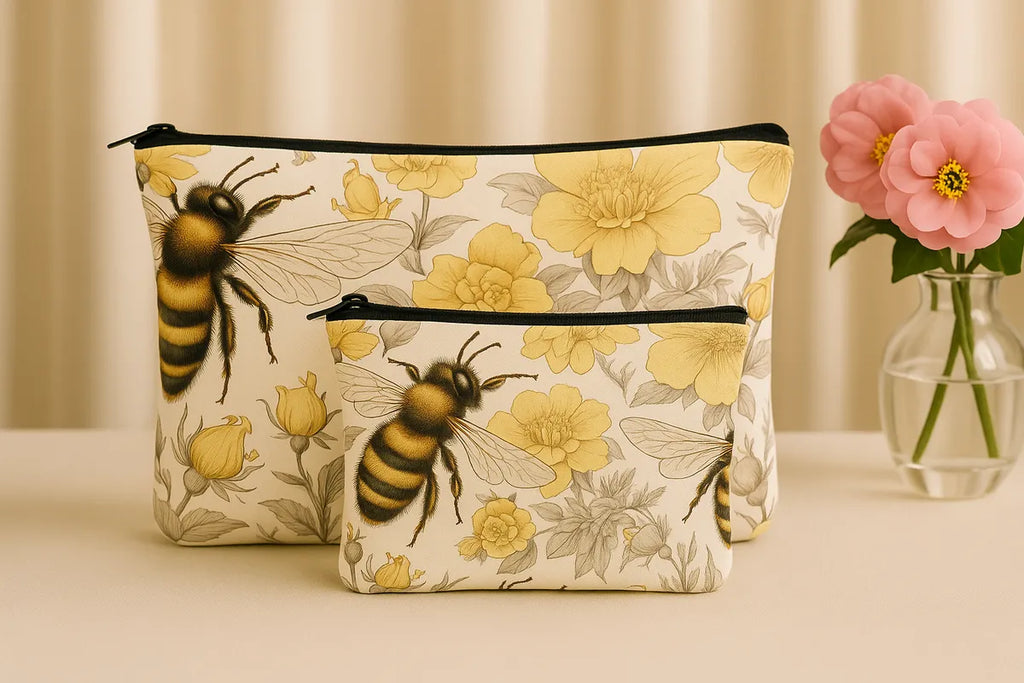 Floral Bee Pattern Cosmetic Pouch Set, 2 Pieces, Yellow and Cream Makeup Bags with Zipper Closure, 24 cm x 13 cm and 18 cm x 19 cm
