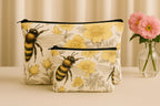 Floral Bee Pattern Cosmetic Pouch Set, 2 Pieces, Yellow and Cream Makeup Bags with Zipper Closure, 24 cm x 13 cm and 18 cm x 19 cm