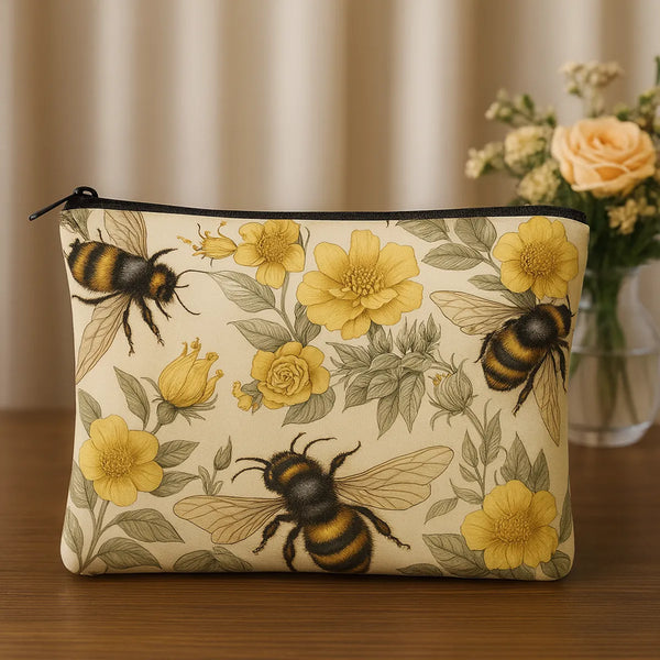 Floral Bee Pattern Cosmetic Pouch Set, 2 Pieces, Yellow and Cream Makeup Bags with Zipper Closure, 24 cm x 13 cm and 18 cm x 19 cm