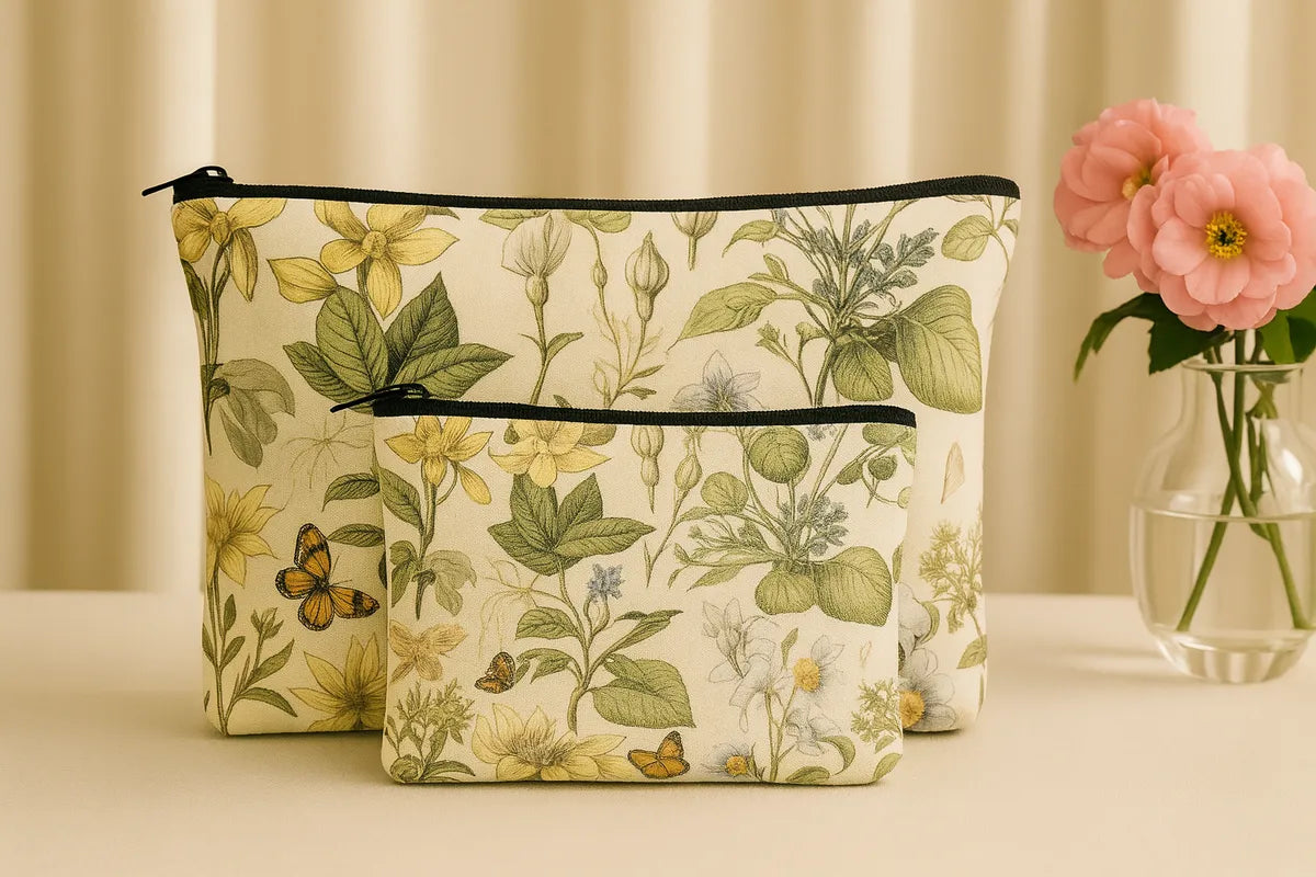 Floral Butterfly Print Makeup Pouch Set, 2 Pieces, Cream Canvas Travel Organizer Bags, Large 24x19cm and Small 18x13cm with Zipper Closure