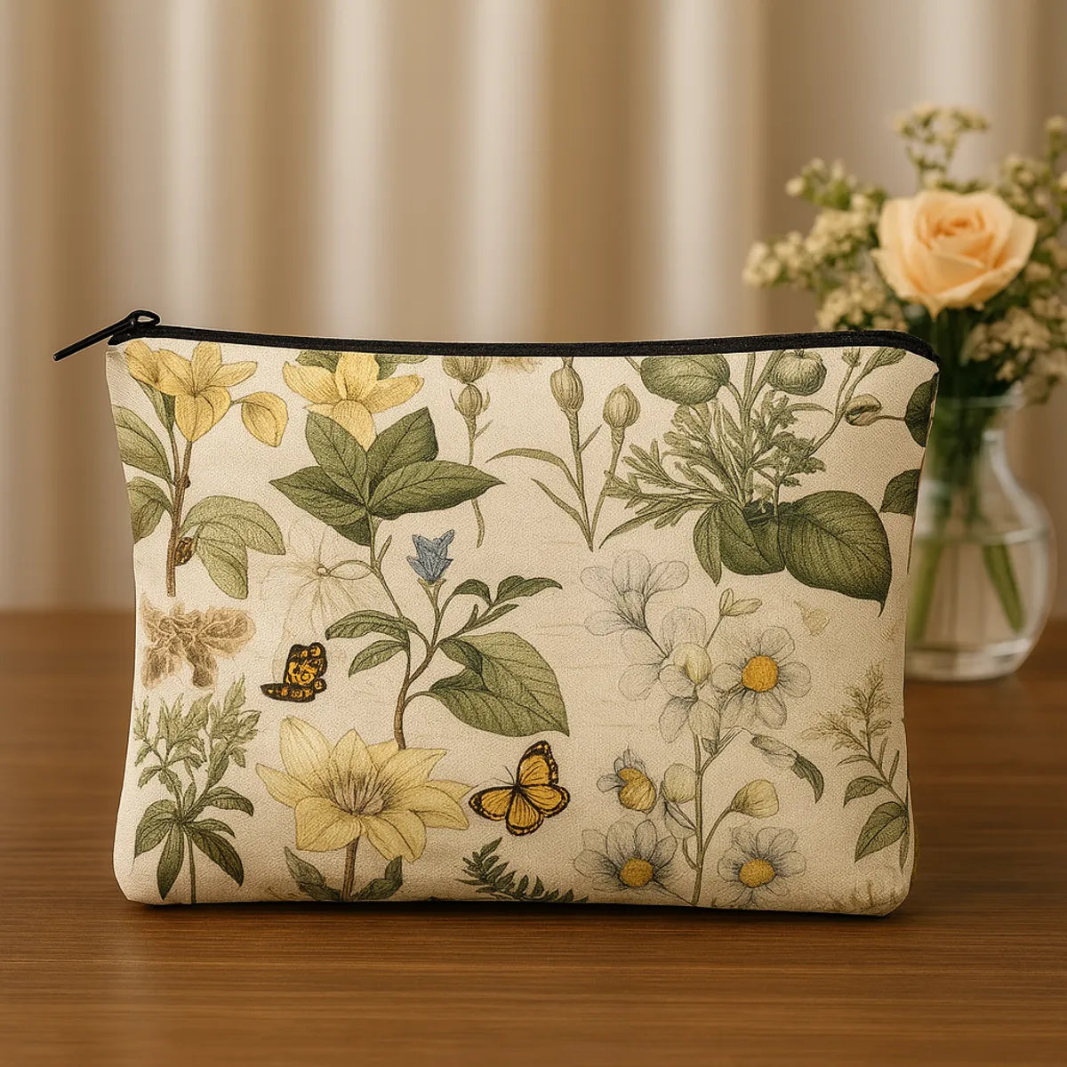 Floral Butterfly Print Makeup Pouch Set, 2 Pieces, Cream Canvas Travel Organizer Bags, Large 24x19cm and Small 18x13cm with Zipper Closure