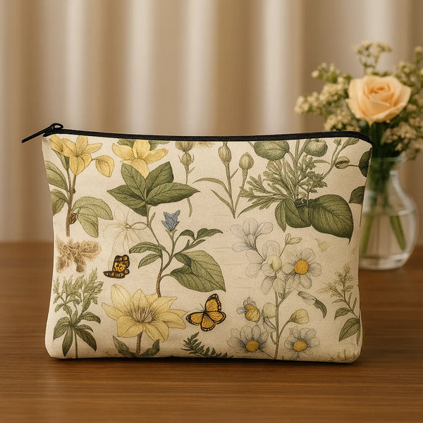 Floral Butterfly Print Makeup Pouch Set, 2 Pieces, Cream Canvas Travel Organizer Bags, Large 24x19cm and Small 18x13cm with Zipper Closure