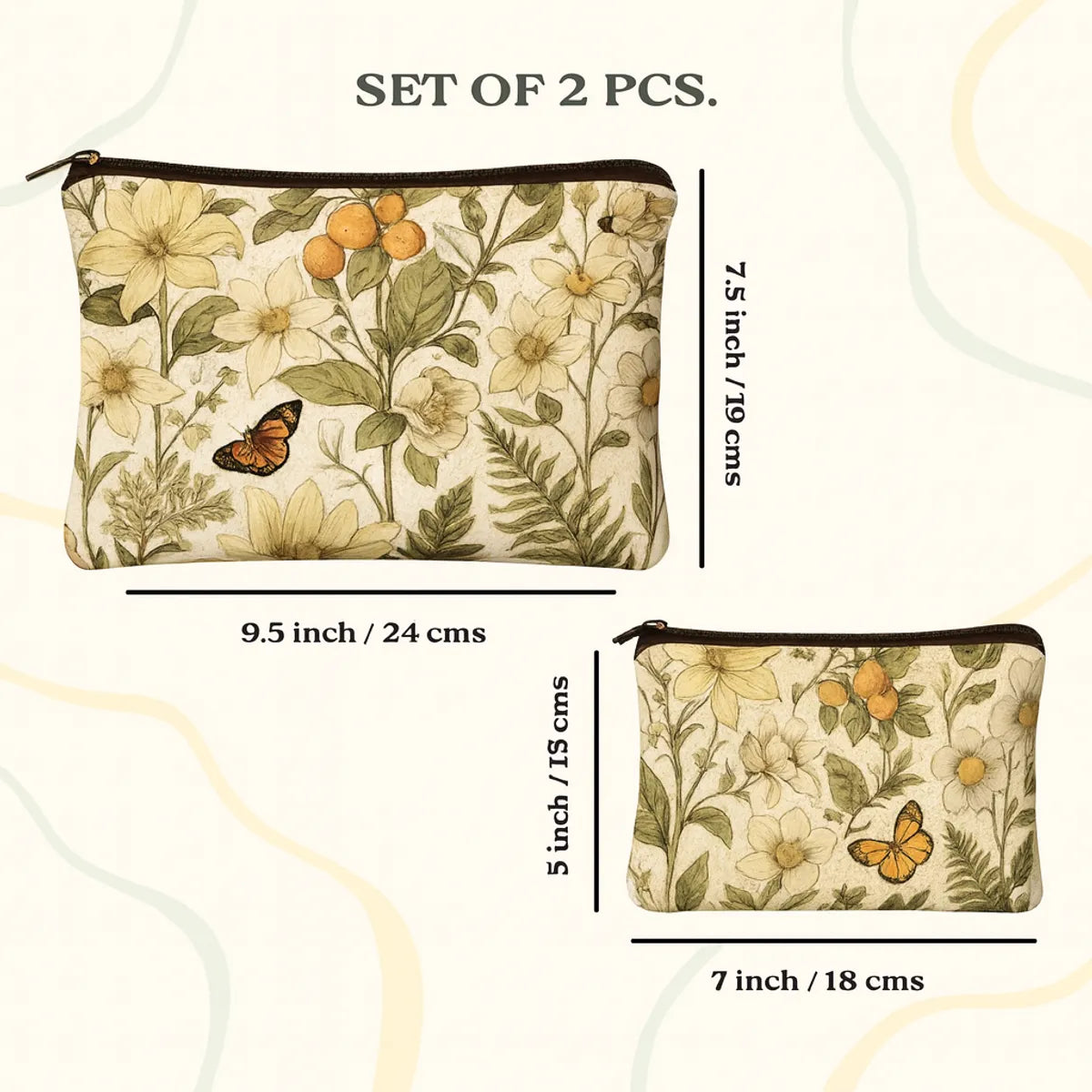 Floral Butterfly Print Makeup Pouch Set, 2 Pieces, Cream Canvas Travel Organizer Bags, Large 24x19cm and Small 18x13cm with Zipper Closure