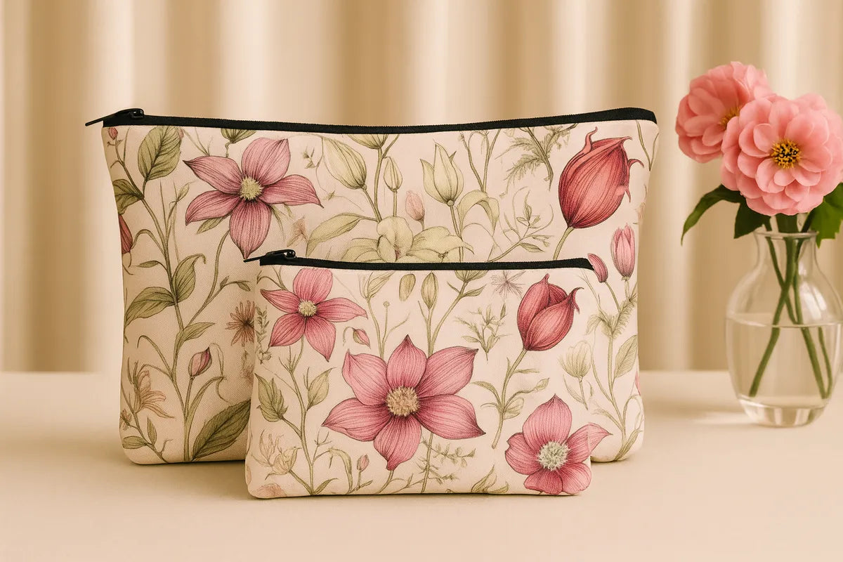 Floral Cosmetic Bags Set of 2, Pink Vintage Botanical Print Makeup Pouches, Large 24x17cm and Small 18x13cm, Zippered Travel Toiletry Organizers
