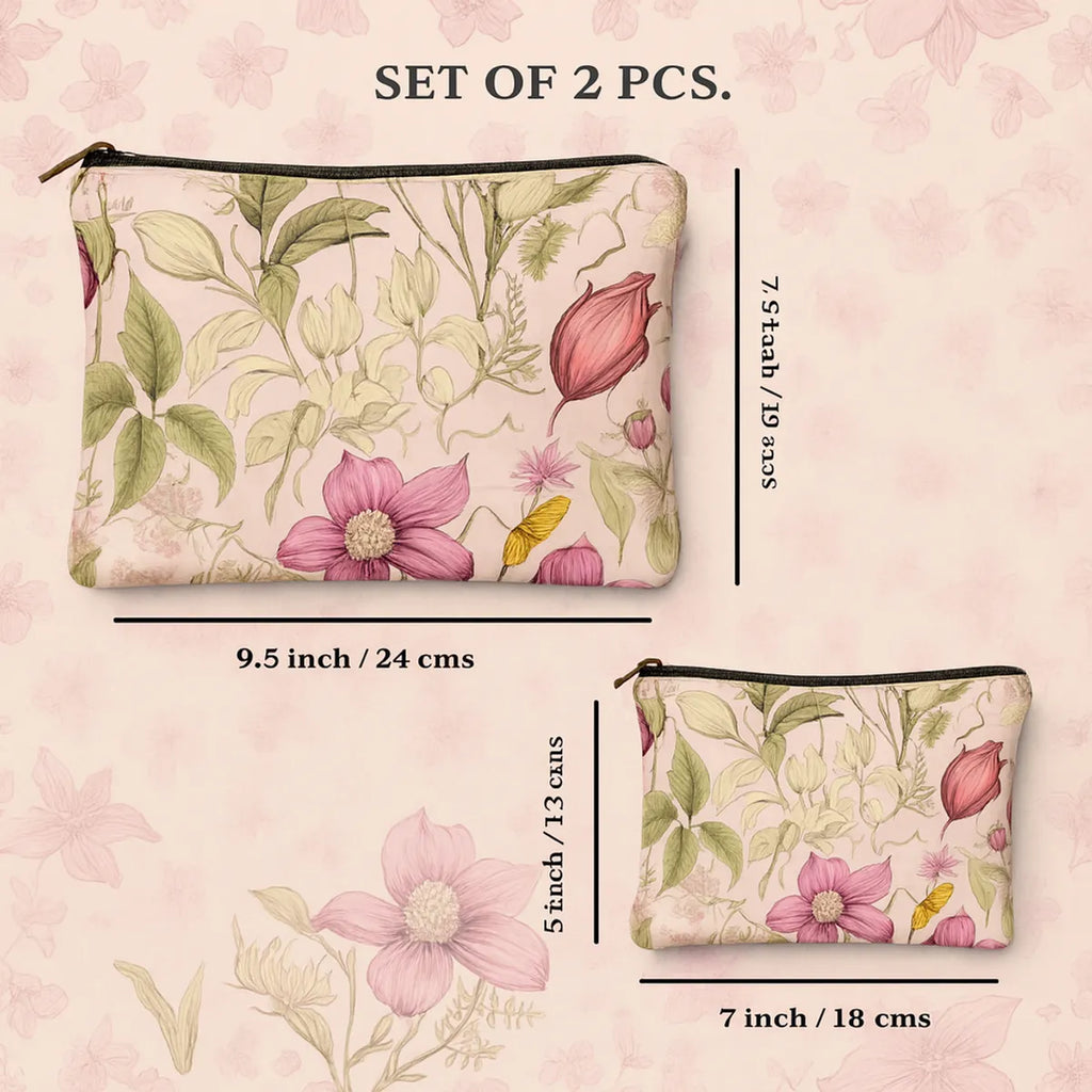 Floral Cosmetic Bags Set of 2, Pink Vintage Botanical Print Makeup Pouches, Large 24x17cm and Small 18x13cm, Zippered Travel Toiletry Organizers