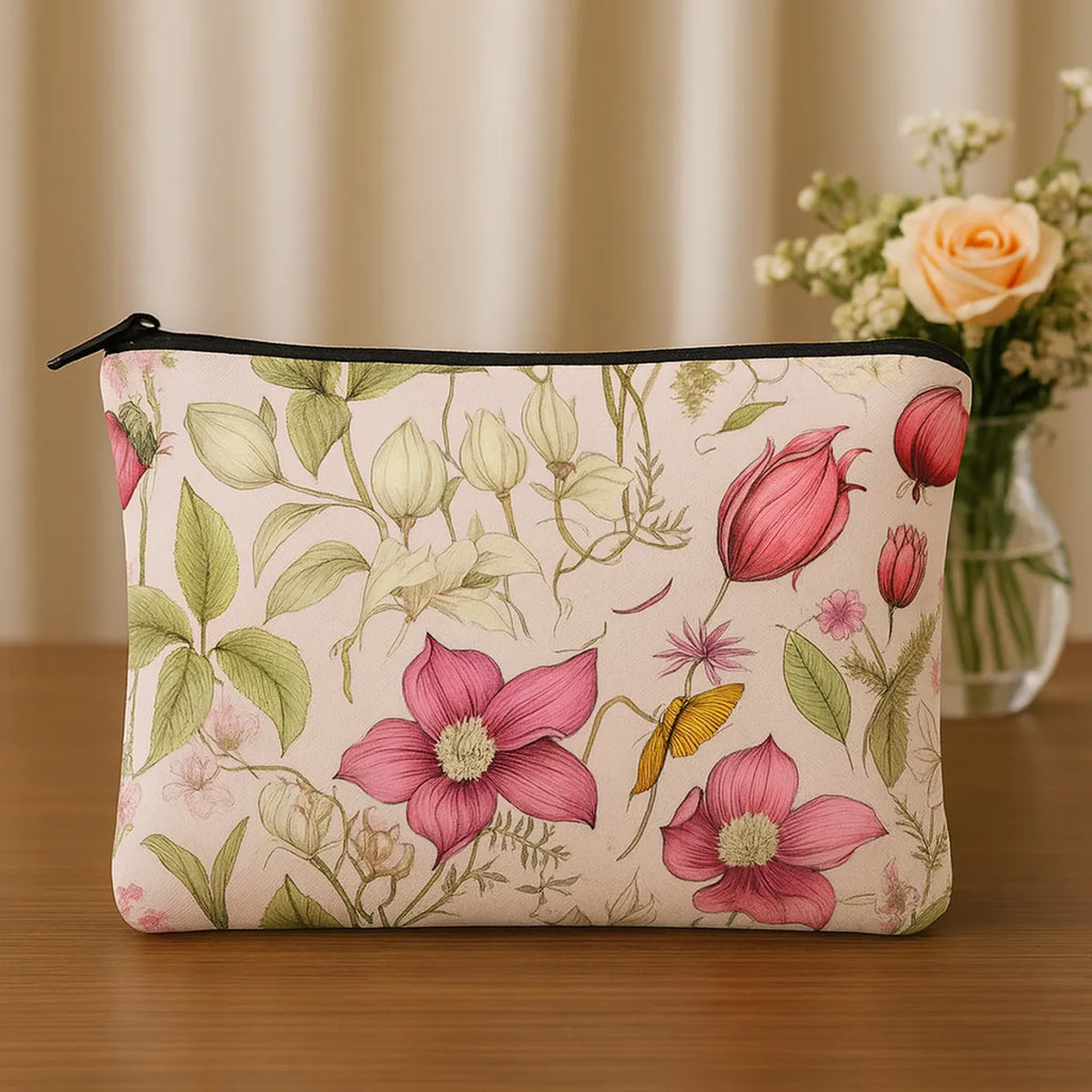 Floral Cosmetic Bags Set of 2, Pink Vintage Botanical Print Makeup Pouches, Large 24x17cm and Small 18x13cm, Zippered Travel Toiletry Organizers