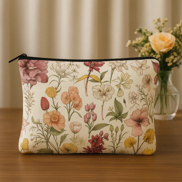 Floral Makeup Bag Set of 2, Vintage Botanical Print Cosmetic Pouches, Pink and Yellow Flowers, Zipper Travel Cases, 24 cm x 18 cm
