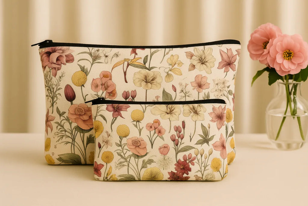 Floral Makeup Bag Set of 2, Vintage Botanical Print Cosmetic Pouches, Pink and Yellow Flowers, Zipper Travel Cases, 24 cm x 18 cm