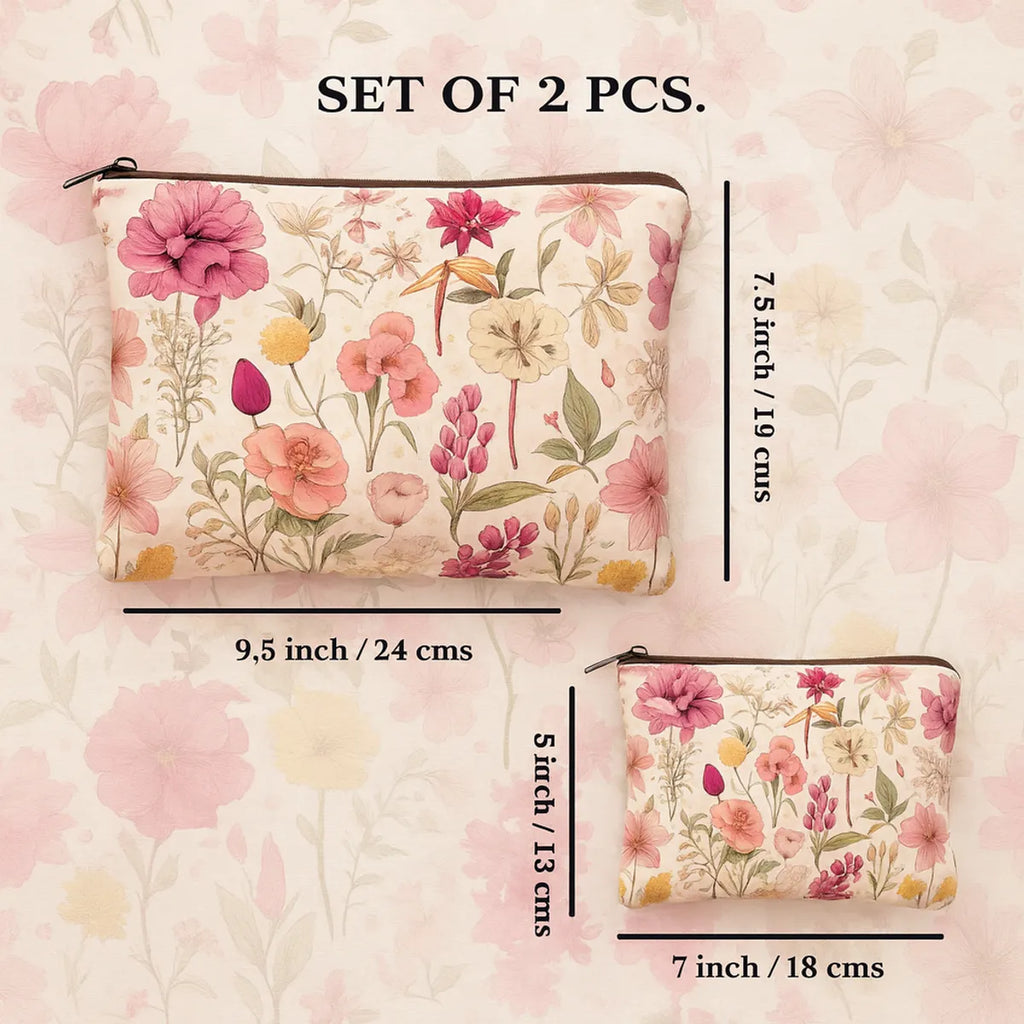 Floral Makeup Bag Set of 2, Vintage Botanical Print Cosmetic Pouches, Pink and Yellow Flowers, Zipper Travel Cases, 24 cm x 18 cm