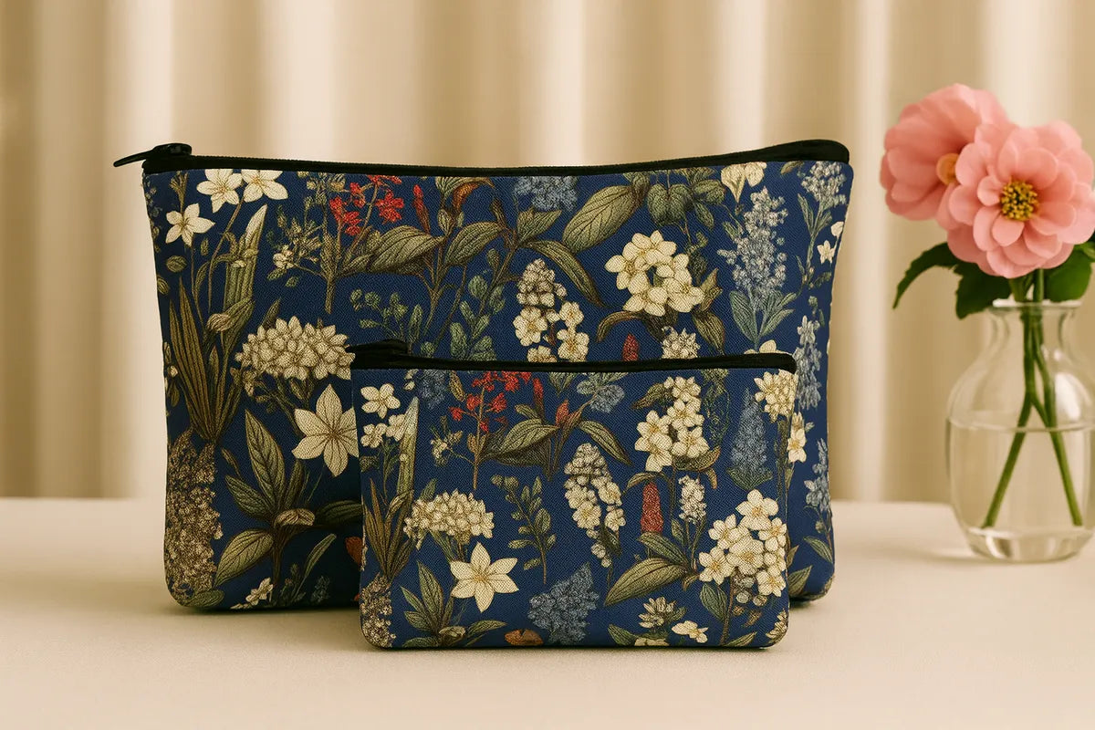 Floral Makeup Bags Set of 2, Navy Blue Cosmetic Pouches with Vintage Botanical Print, Large 24 cm and Small 18 cm Travel Organizers