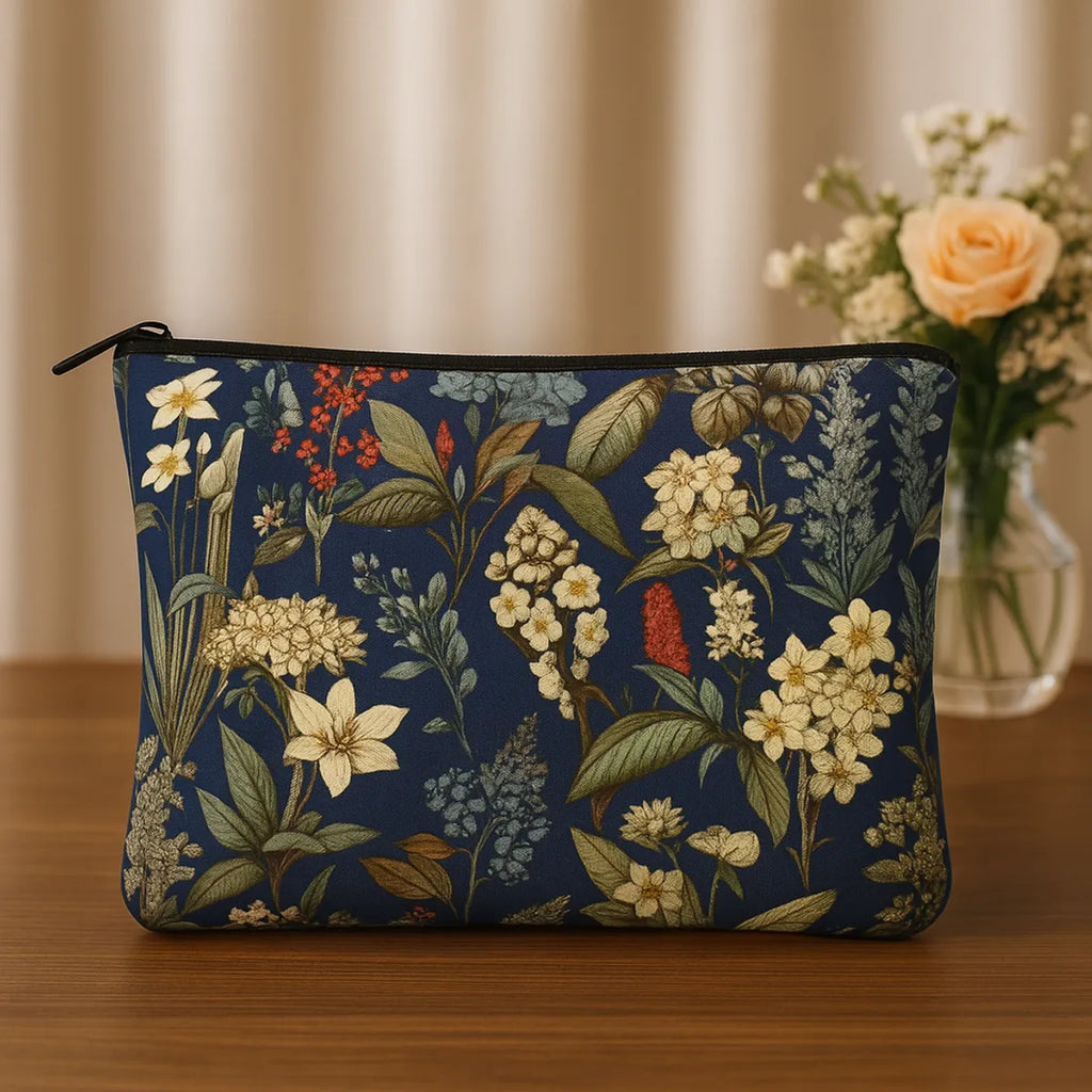 Floral Makeup Bags Set of 2, Navy Blue Cosmetic Pouches with Vintage Botanical Print, Large 24 cm and Small 18 cm Travel Organizers