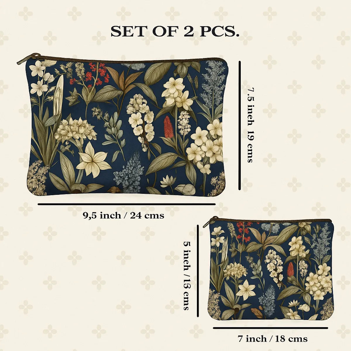 Floral Makeup Bags Set of 2, Navy Blue Cosmetic Pouches with Vintage Botanical Print, Large 24 cm and Small 18 cm Travel Organizers