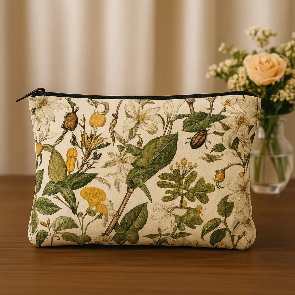 Floral Print Makeup Pouch Set, 2 Pieces, Botanical Pattern with White Flowers and Green Leaves, Travel Cosmetic Bags, 24 cm x 19 cm and 18 cm x 13 cm