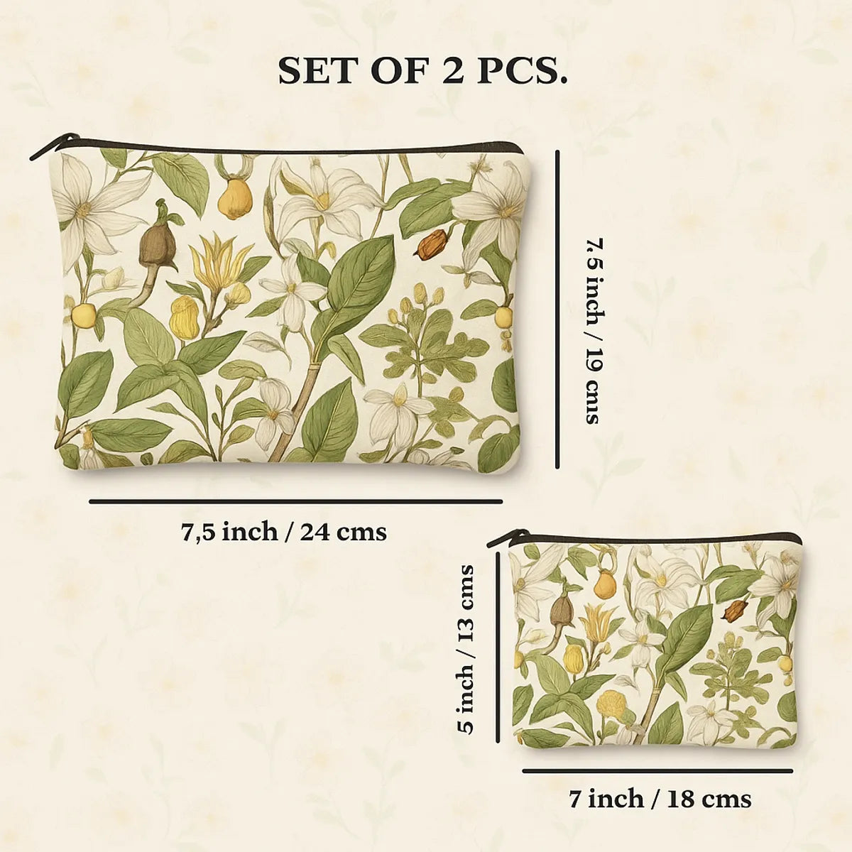 Floral Print Makeup Pouch Set, 2 Pieces, Botanical Pattern with White Flowers and Green Leaves, Travel Cosmetic Bags, 24 cm x 19 cm and 18 cm x 13 cm