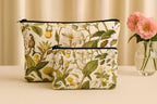 Floral Print Makeup Pouch Set, 2 Pieces, Botanical Pattern with White Flowers and Green Leaves, Travel Cosmetic Bags, 24 cm x 19 cm and 18 cm x 13 cm