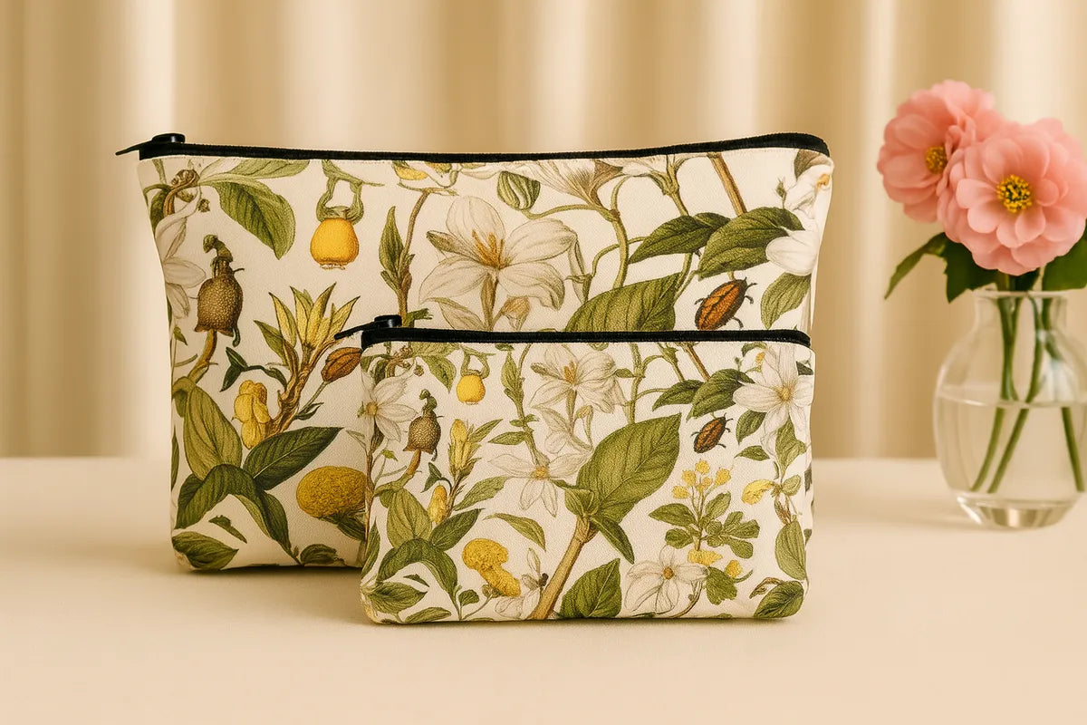 Floral Print Makeup Pouch Set, 2 Pieces, Botanical Pattern with White Flowers and Green Leaves, Travel Cosmetic Bags, 24 cm x 19 cm and 18 cm x 13 cm