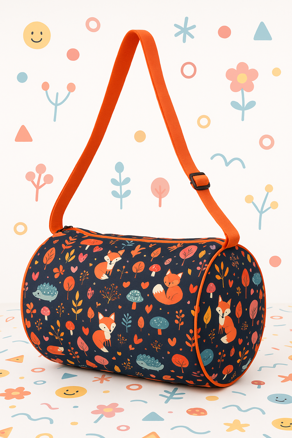 Woodland Fox Pattern Duffle Bag with Adjustable Orange Strap, Navy Blue
