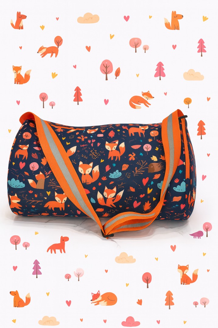 Woodland Fox Pattern Duffle Bag with Adjustable Orange Strap, Navy Blue