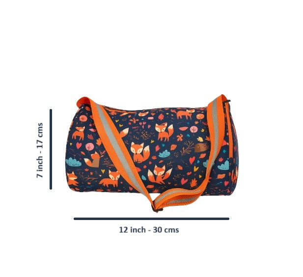 Woodland Fox Pattern Duffle Bag with Adjustable Orange Strap, Navy Blue
