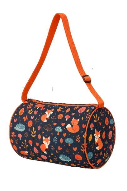 Woodland Fox Pattern Duffle Bag with Adjustable Orange Strap, Navy Blue