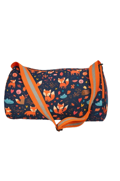 Woodland Fox Pattern Duffle Bag with Adjustable Orange Strap, Navy Blue