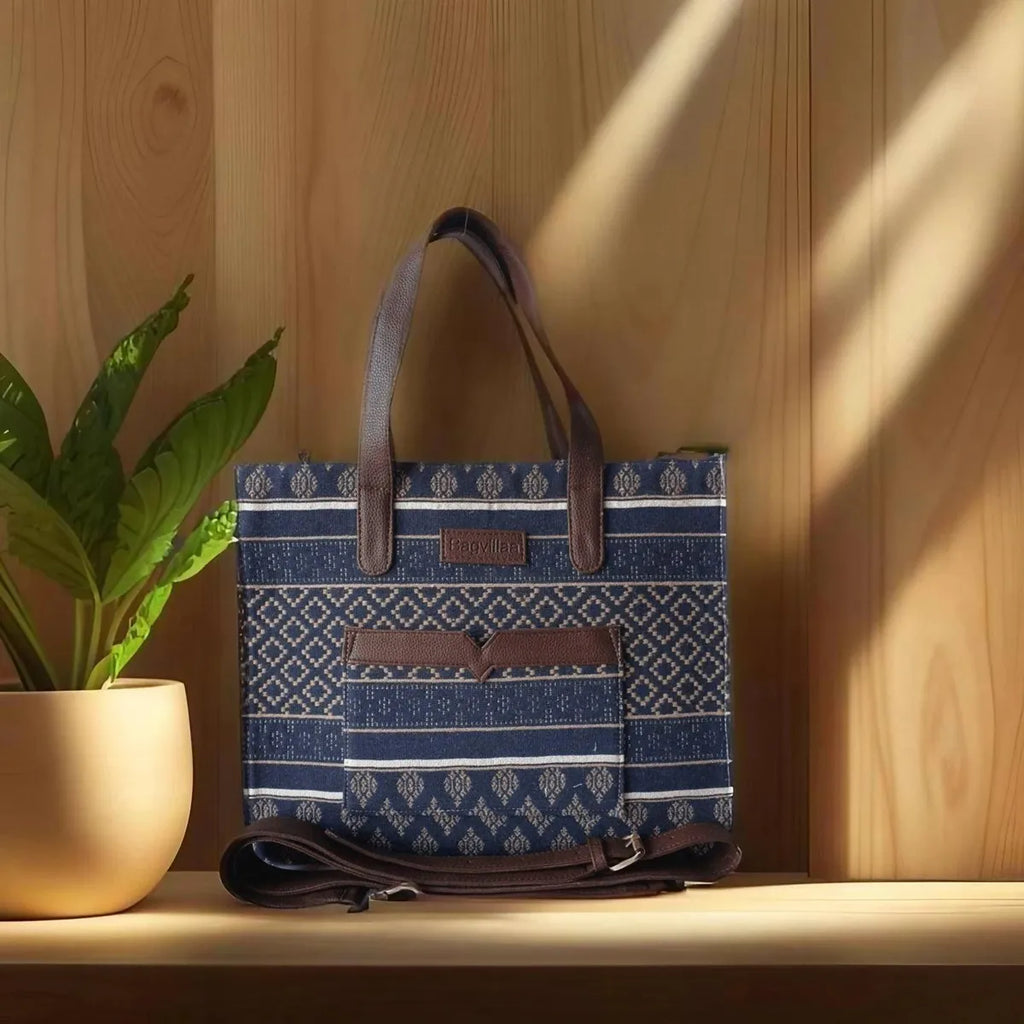 Blue And Brown Premium Royal Motif Patterned Hand Bag For Women