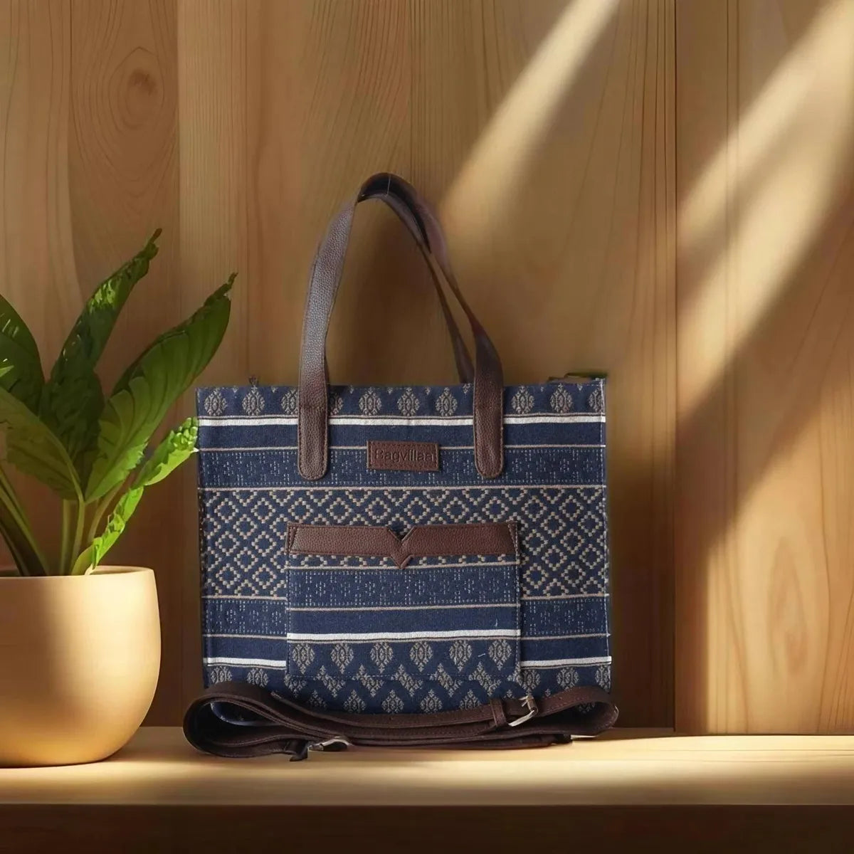 Blue And Brown Premium Royal Motif Patterned Hand Bag For Women