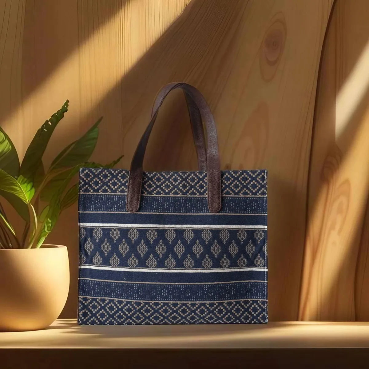 Blue And Brown Premium Royal Motif Patterned Hand Bag For Women