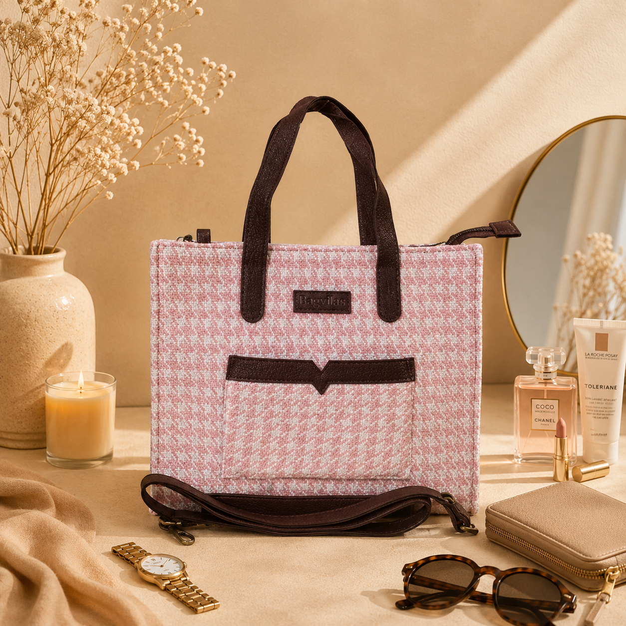 Pink Premium Checks Patterned Hand Bag For Women — image 4