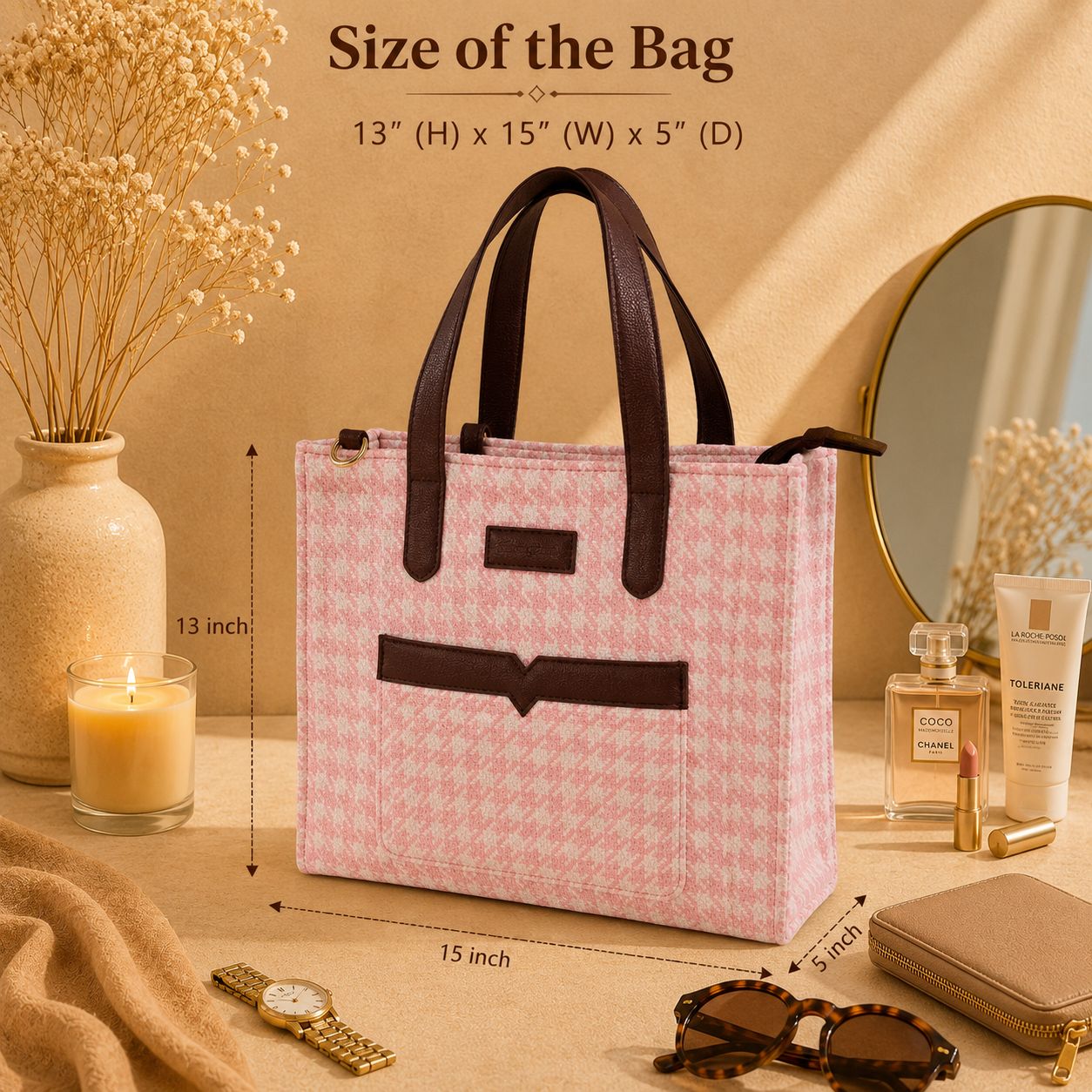 Pink Premium Checks Patterned Hand Bag For Women — image 5