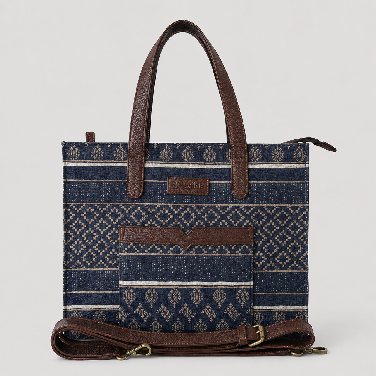 Blue And Brown Premium Royal Motif Patterned Hand Bag For Women — image 1