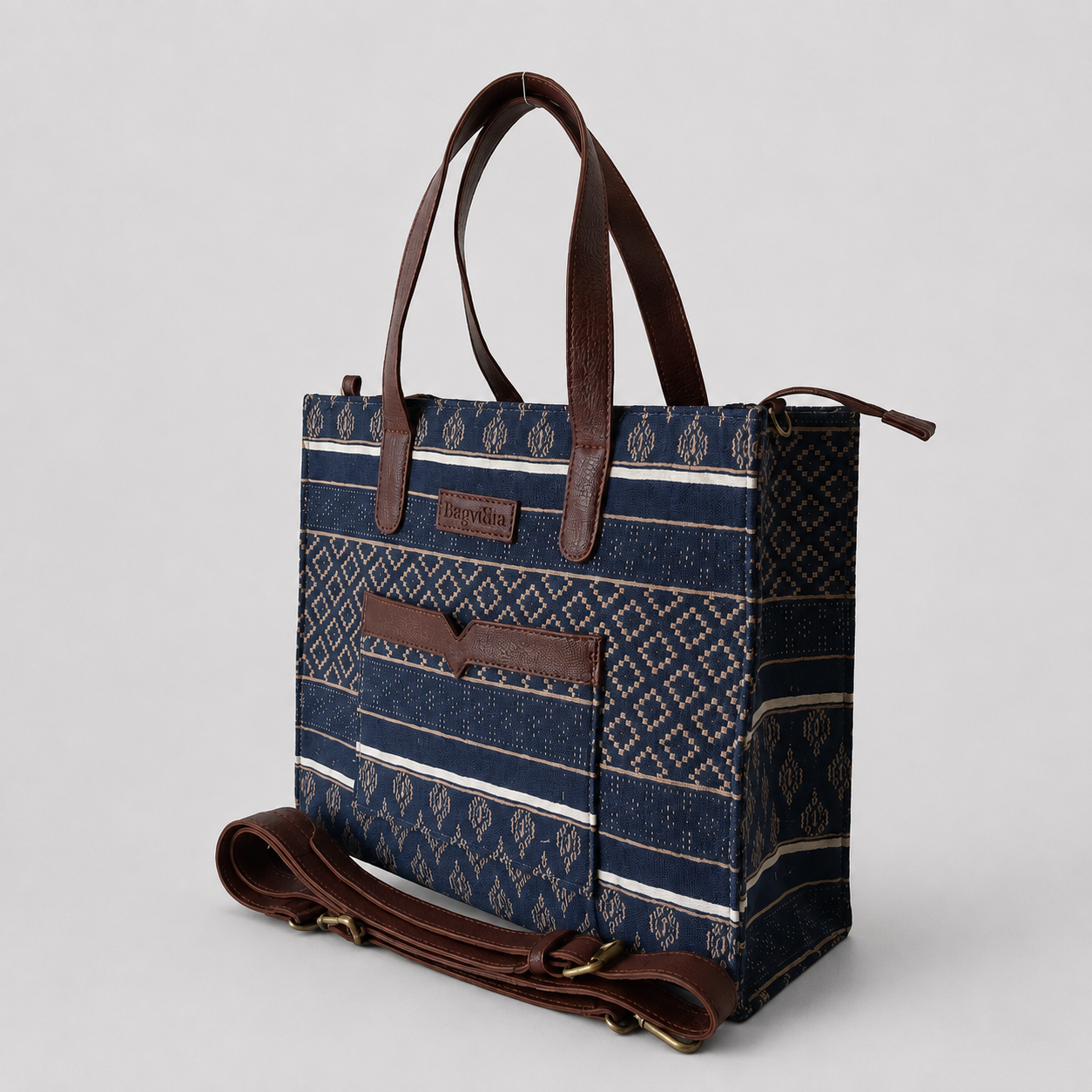 Blue And Brown Premium Royal Motif Patterned Hand Bag For Women — image 3
