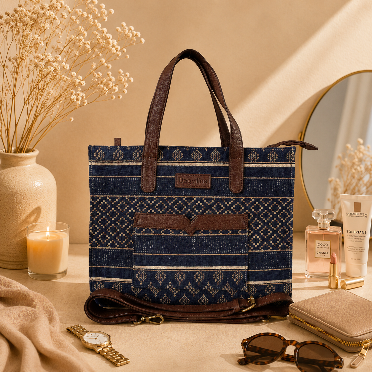 Blue And Brown Premium Royal Motif Patterned Hand Bag For Women — image 4