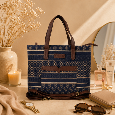 Blue And Brown Premium Royal Motif Patterned Hand Bag For Women — image 4