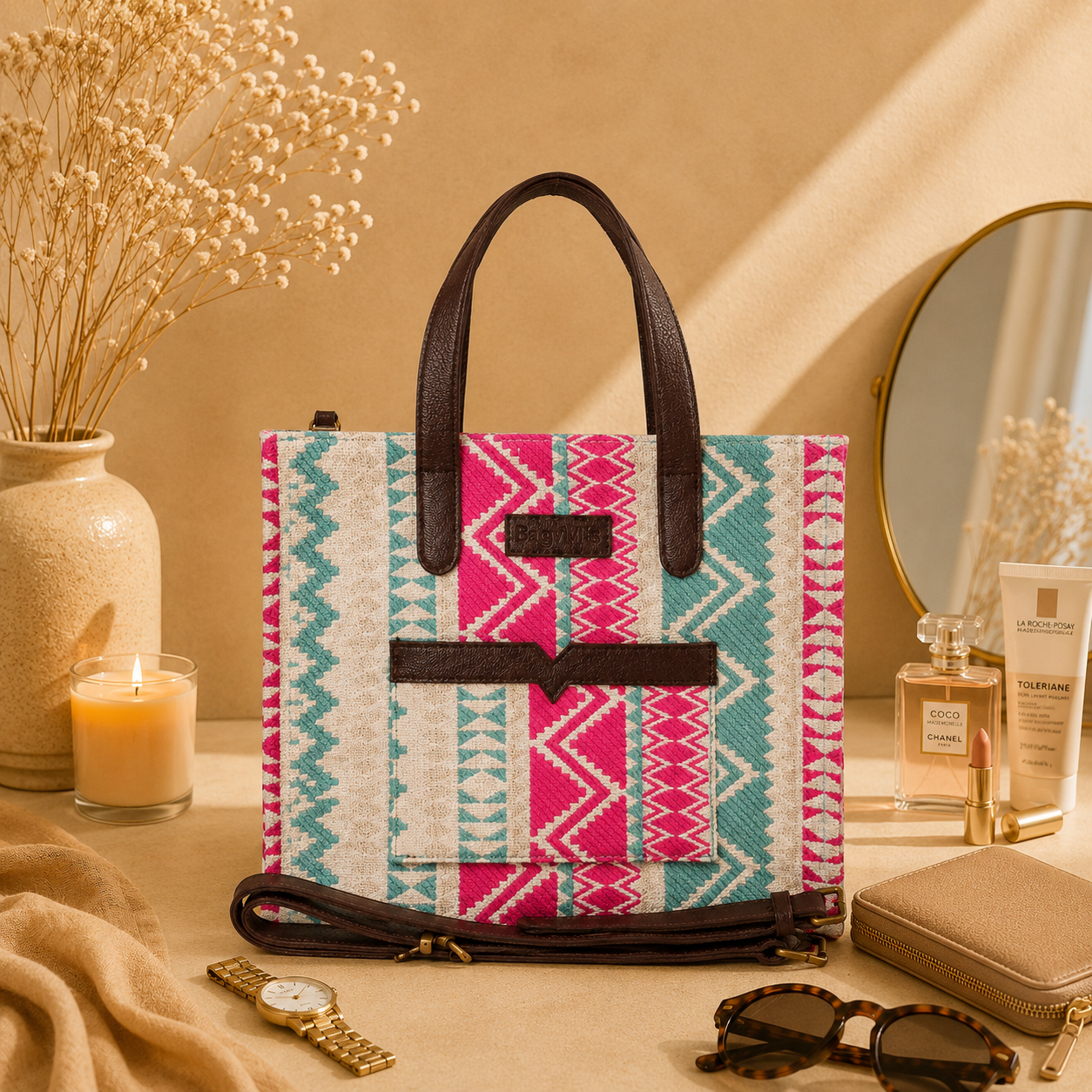 Pink And Blue Handwoven Hand Bag For Women — image 4