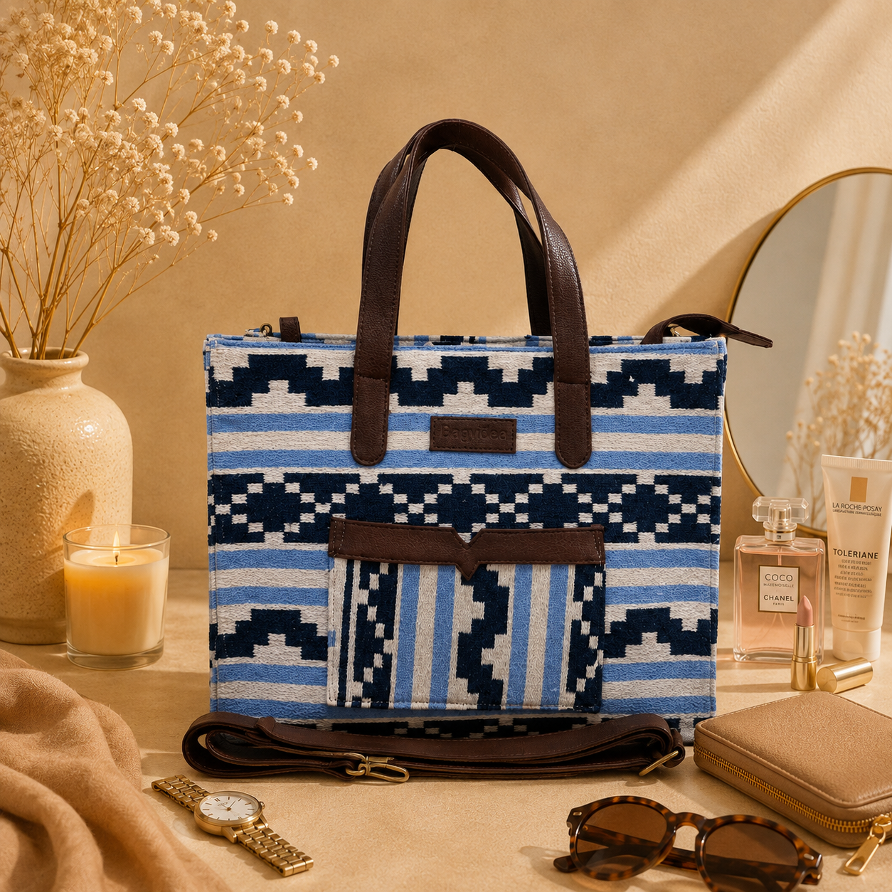 Blue Stripe Geometric Hand Bag For Women — image 4